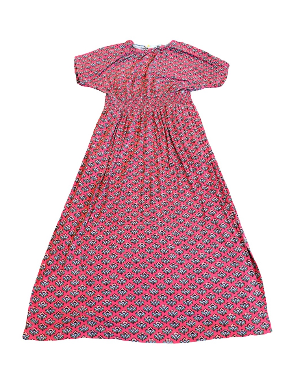 Boden Floral Block Print Midi Dress Smocked Waist Tie Neck Sleeve Size 4 Women's